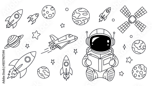Astronaut reading book surrounded by spacecraft and celestial bodies