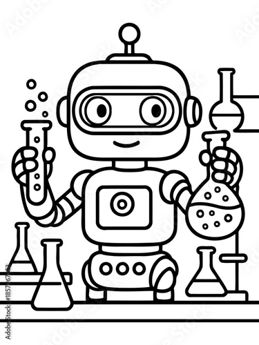 Robot Scientist in the Lab: A friendly robot, equipped with beakers and test tubes, delves into the world of science within a laboratory setting. 