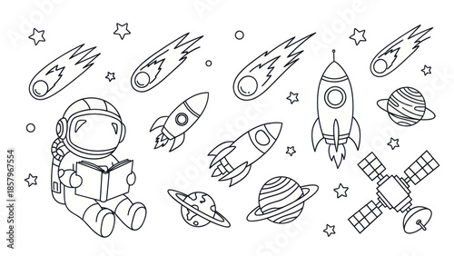 Astronaut reading book surrounded by spacecraft and celestial elements