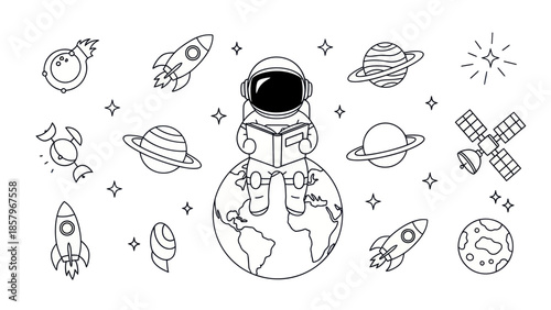 Astronaut reading book on planet earth surrounded by space elements