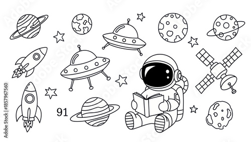 Astronaut reading book surrounded by spacecraft and planets outline design