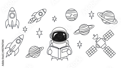 Astronaut reading book surrounded by spacecraft and planets illustration