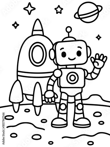 Robot's Cosmic Adventure: A friendly robot, waves hello while standing on a planet with a rocket, inviting children to an interstellar journey. 