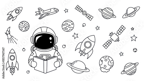 Astronaut reading book surrounded by spacecraft and planets outline illustration