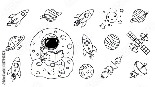 Astronaut reading in space surrounded by planets and rockets illustration