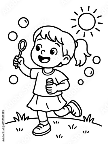 Child Bubbles Joy: A young girl, lost in a world of imagination, merrily blows soap bubbles, capturing a moment of pure, innocent joy under a radiant sun.