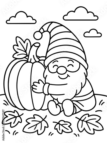 Gnome and Pumpkin in Autumnal Scene: A charming illustration depicts a jovial gnome nestled beside a plump pumpkin amid a scattering of fallen leaves and floating clouds.