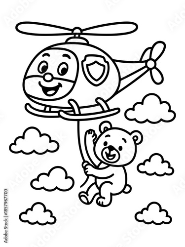 Helicopter and Bear: A charming illustration depicts a friendly helicopter soaring through the sky, joyfully rescuing a cuddly bear amidst fluffy clouds. A fun depiction for children's imagination.