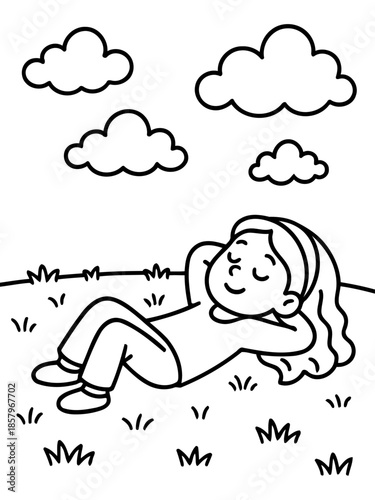 Daydreaming Under the Sky: A relaxed person lies in the grass, gazing at the clouds, lost in a world of thought and peaceful reverie. The simple joy of a sunny day is captured.