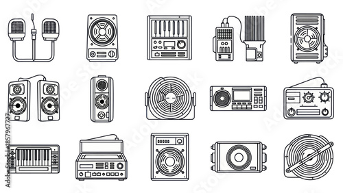 Audio equipment vector set microphones speakers consoles radio icons