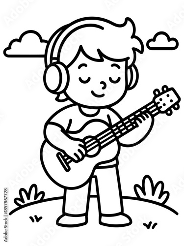 Serene Musical Moment: A young individual, lost in their own world, finds solace and happiness playing a guitar. Wearing headphones to enhance their focus, they enjoy the simple melody.
