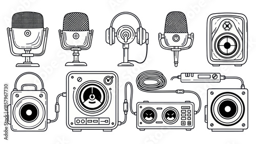 Audio equipment collection illustration microphones speakers and headphones