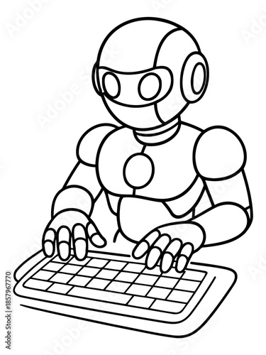 Digital Maestro: An artistic illustration features a sleek robot, engrossed in the task of typing on a keyboard, a symbol of technology and progress. 