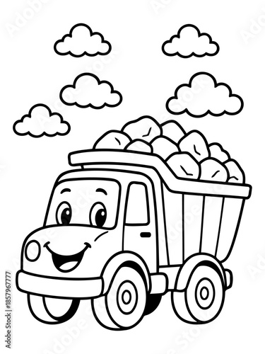 Happy Truck Loaded with Rocks Under the Clouds: A cheerful illustration of a happy cartoon truck fully loaded with rocks, under fluffy clouds. 