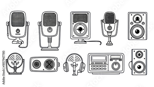 Audio equipment vector set microphones speakers headphones radio and sound devices