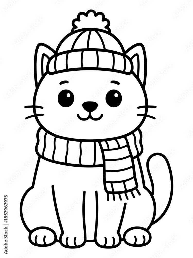 Obraz premium Cozy Winter Kitten: An adorable cartoon kitten, warmly clad in a knitted hat and scarf, embodies winter comfort and charm.