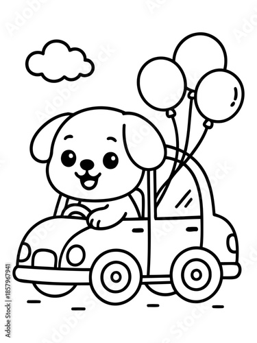 Cute Canine Adventure: An endearing illustration showcases a cheerful dog at the wheel of a cartoon car, embarking on a delightful journey. With balloons bobbing merrily in tow.
