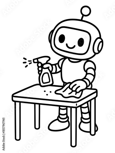 Robot Cleaning Table: A friendly robot diligently cleans a table using a spray bottle and cloth, exemplifying the helpful potential of technology in everyday tasks.