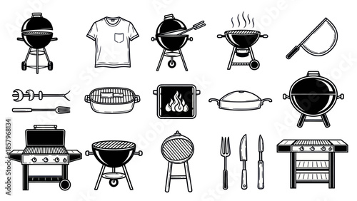 Barbecue grill and accessories vector illustration set in monochrome