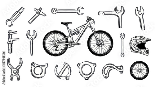 Bicycle and tools collection vector illustration for engineering and design
