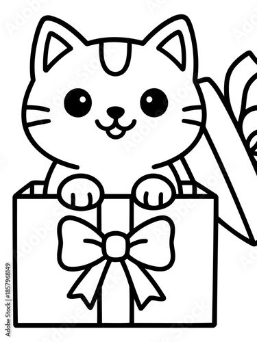 Gift-wrapped Surprise: A charming illustration shows a cute kitten emerging from a present, its innocent eyes reflecting curiosity. The present is beautifully tied with a bow.