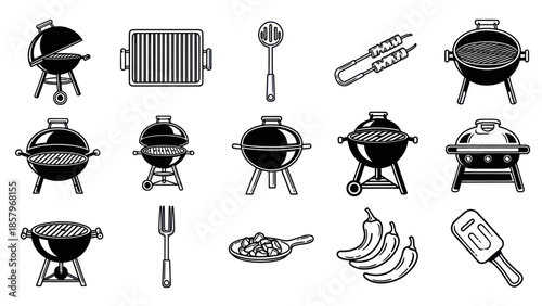 Barbecue grill icons set grilling equipment in black and white vector