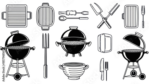 Barbecue grilling equipment vector illustration set for culinary design