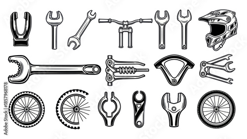 Bicycle tools and components illustration wrench wheels and protective gear
