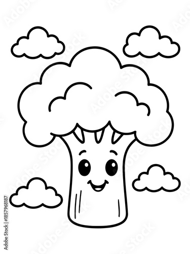 Joyful Tree Cartoon: A friendly cartoon tree smiles beneath fluffy clouds, conveying happiness and natural serenity. 