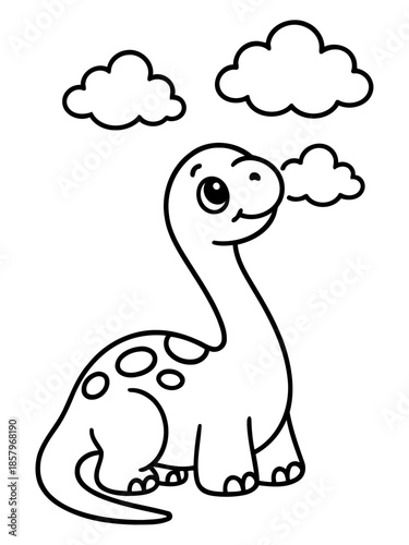 Cute Dinosaur in a Playful Sky: A friendly, cartoon dinosaur stands beneath fluffy clouds, exuding a sense of innocence and imagination, perfect for children's designs.