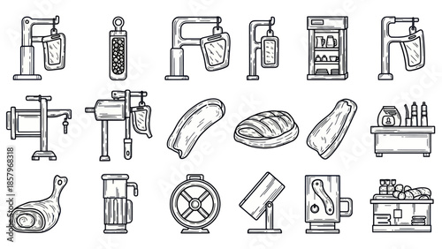 Black and white food processing and shop equipment illustrations