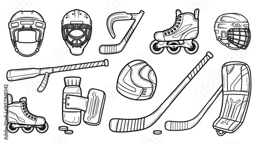 Black and white hockey and roller skating equipment collection