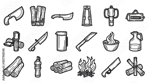 Black and white hand drawn camping equipment vector illustration set