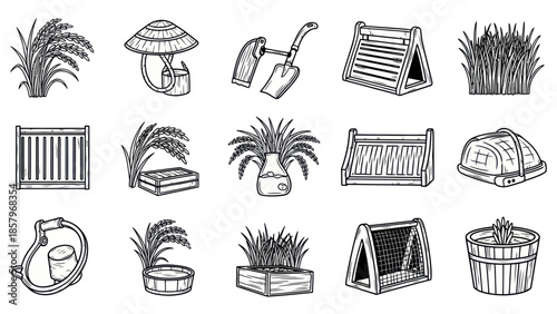 Black and white illustrations of agriculture tools and plants collection