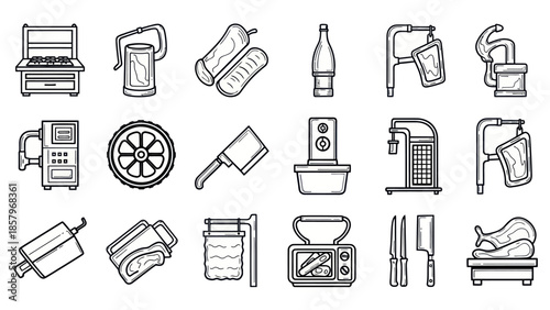 Black and white illustrations of various kitchen and food processing equipment