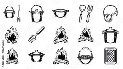 Black and white kitchen utensils and bonfire elements vector illustration