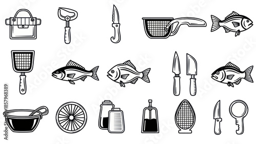 Black and white seafood and kitchen utensil vector illustration