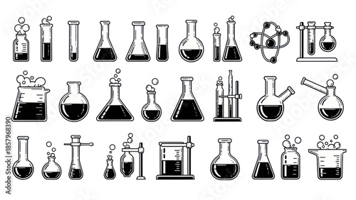 Black and white laboratory glassware icons for science and chemistry projects