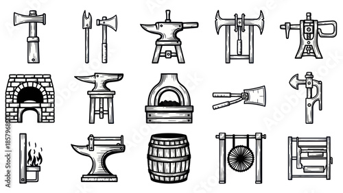 Blacksmith tools collection hammer anvil furnace and forge equipment