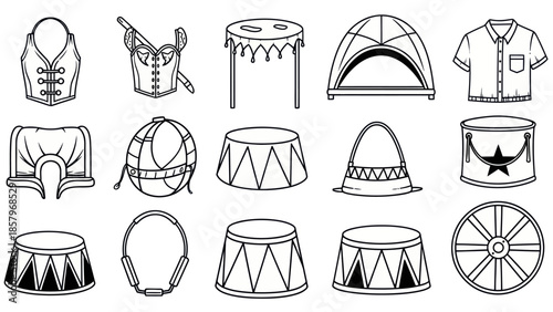 Circus elements set black and white line art illustrations