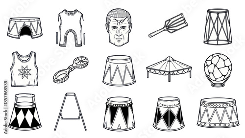 Circus elements set black and white vector illustrations isolated design