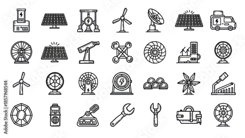 Clean energy icons set solar panels wind turbines batteries technology
