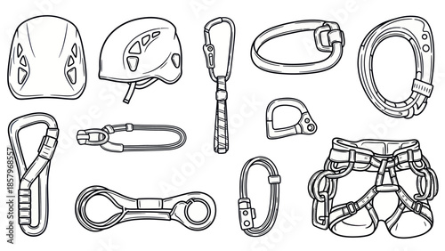 Climbing gear illustration isolated line art of helmets carabiners harness