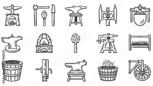 Blacksmith tools vector illustration set anvil hammer torch isolated