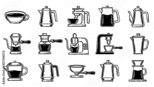 Coffee equipment collection line art illustrations for beverage design