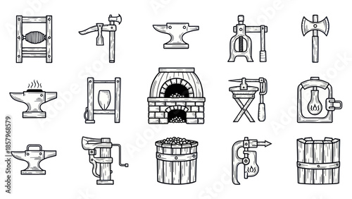 Blacksmith tools vector illustration set hammer anvil axe and more