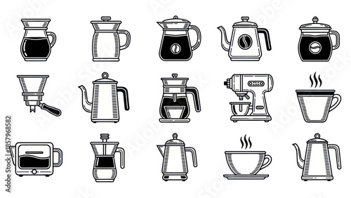 Coffee makers and pots collection illustrations on white background