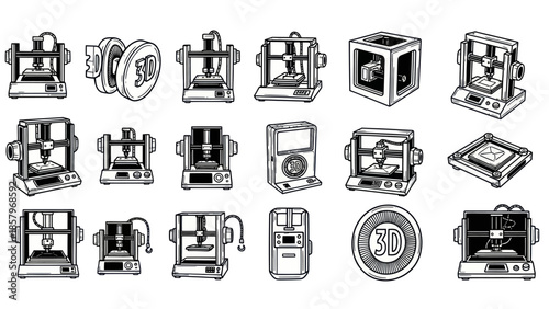 Collection of 3 d printers and filament icons in black and white