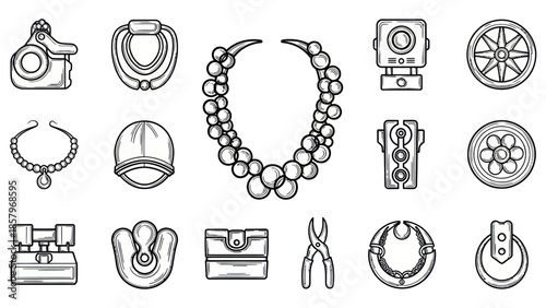 Collection of accessory illustrations in monochrome style with outlines