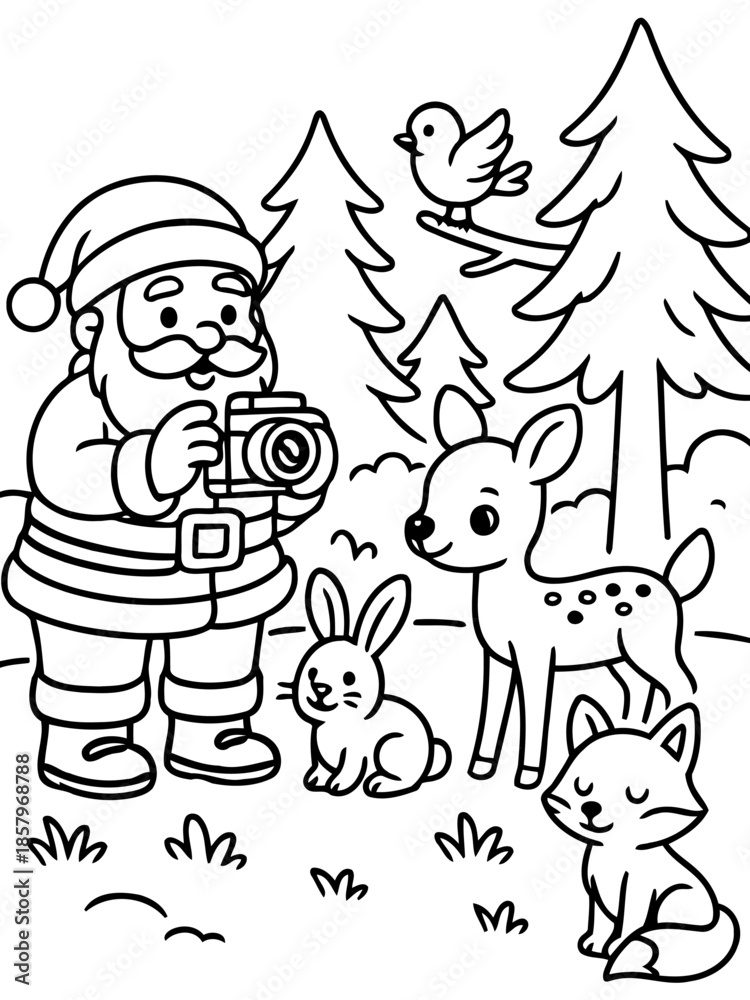 Obraz premium Santa Capturing Nature's Charm: A heartwarming illustration features a cheerful santa, using a camera in a winter wonderland, capturing the magic of wildlife moments.